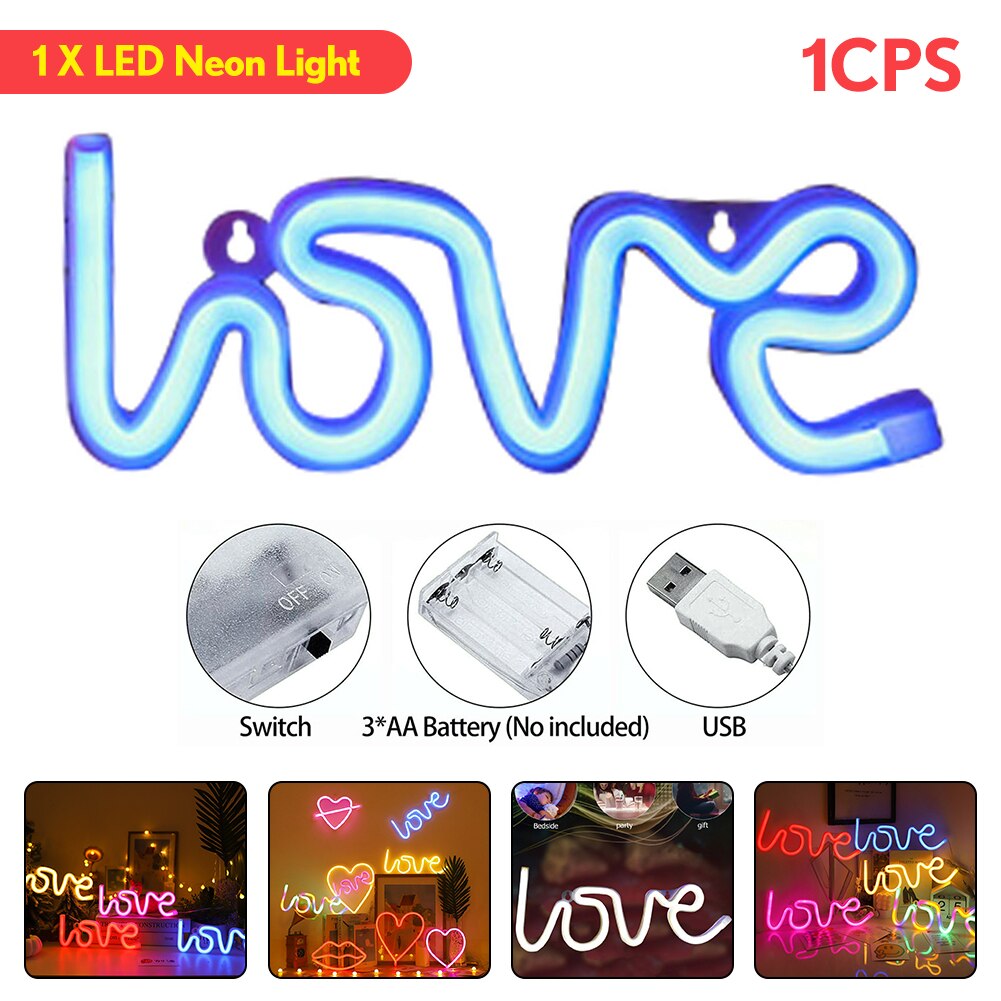 Romantic LOVE Letters LED Night Light USB Charging Home Decor Neon Lamp USB Charging battery box lamp Home led night lamp: Blue