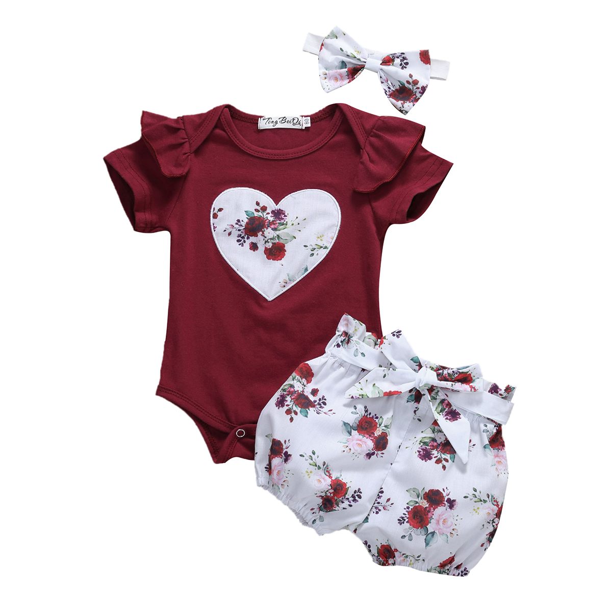 Citgeett Zomer Peuter Baby Meisje Bodysuit Tops Hart Bloemen Broek Hoofdband Outfits Shorts Sunsuit Set Kleding: A / 18m
