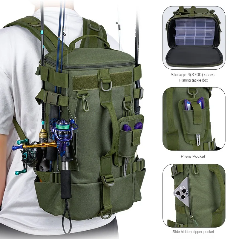 Mochila de pesca multifuncional para hombre, bolso de hombro de almacenamiento de caña de gran capacidad, bolsa de almacenamiento para equipo de peces para deportes al aire libre