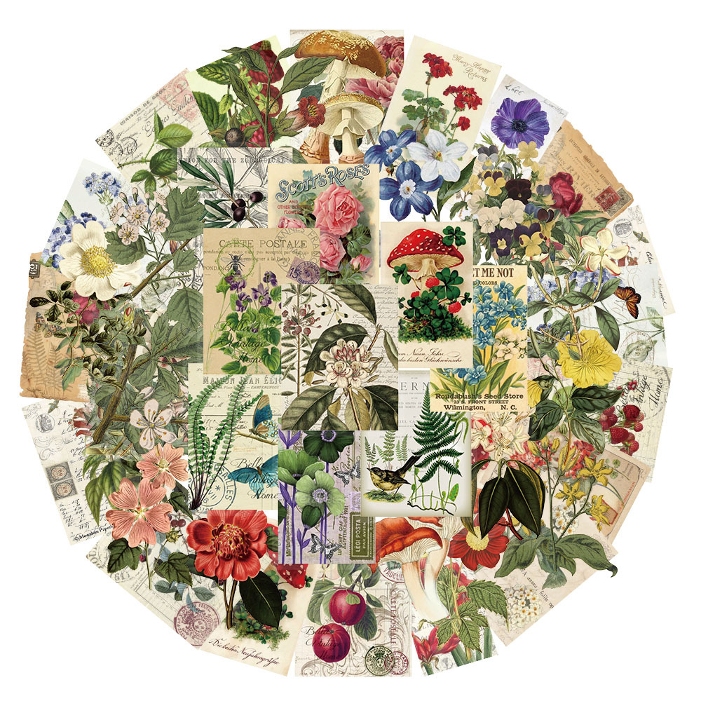 50 przezroczyste naklejki z motywem roślin w stylu vintage, wodoodporne, do dekoracji zwierząt, naklejek na notatniki i gitary