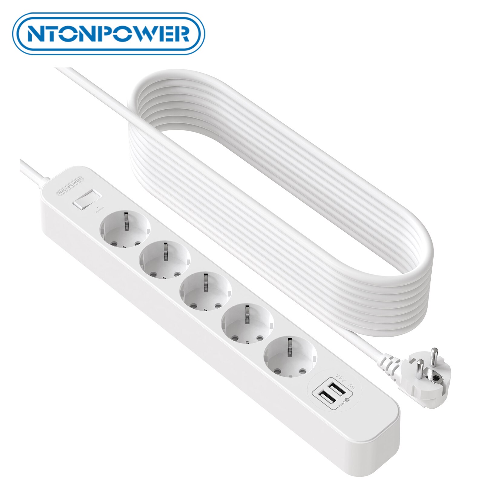 NTONPOWER Wall Mountable Power Strip, 5M Extension Lead with USB, EU Power Plug with Overload Protected Switch, for Home Office