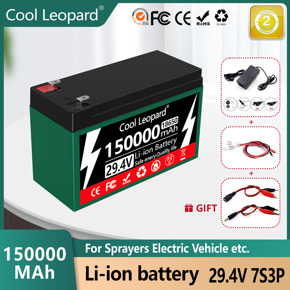 24v batterier 150ah 18650 litiumbatteripaket uppladdningsbart batteri för solenergi elfordonsbatteri +29.4v 2a laddare