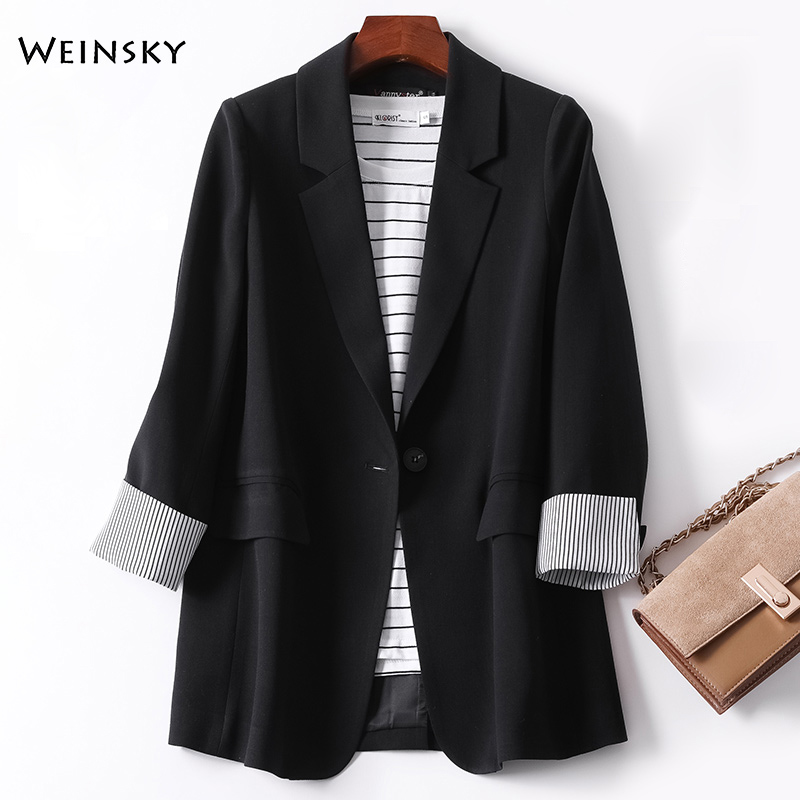 Business Plaid Suits Women Work Office Ladies Long Sleeve Spring Casual Blazer: black / M