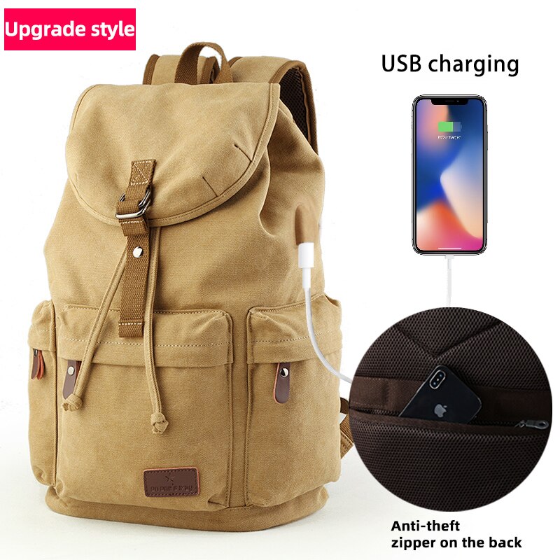 MOYYI degli uomini 14 pollici Del Computer Portatile Zaino della Tela di Canapa Dell'annata Zaino Unisex Borse Da Viaggio USB di Ricarica Zainetto Studente Mochia: USB Khaki