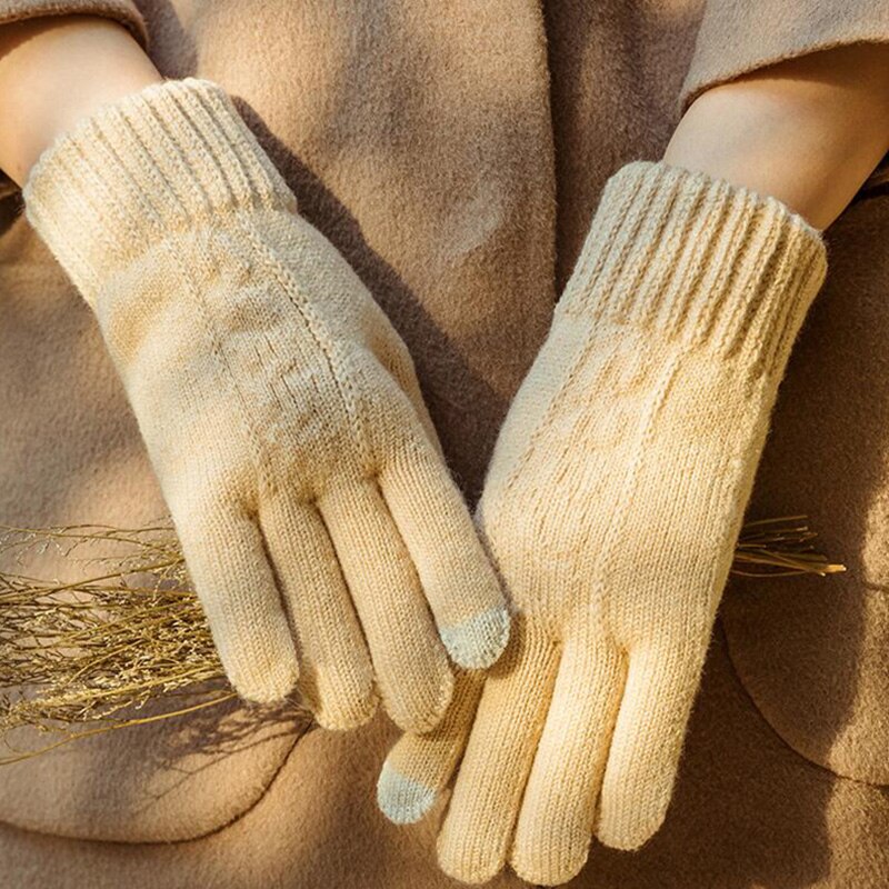 Guantes de punto de lana para mujer, guantes de lana trenzada con flores para pantalla táctil, invierno cálido, Jacquard de Cachemira, además de terciopelo, guante de conducción de abrigo grueso H48