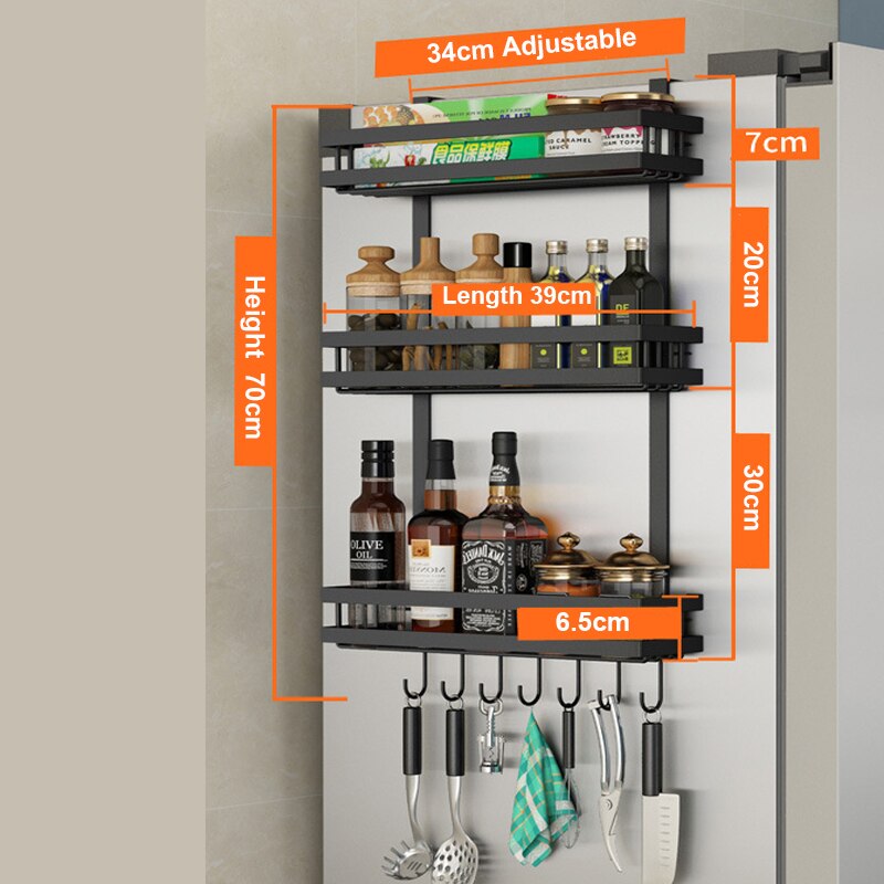 Refrigerator Side Storage Rack Shelf Cupboard Organizer Kitchen Basket Cabinet Space Saving Refrigerator Hanging Storage Rack: BBC Black