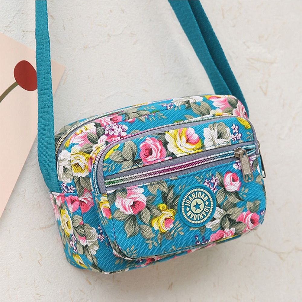 Casual rugzak messenger tas van nylon canvas, schoudertas met meerdere lagen en bloemenprint, moedertas, dames crossbodytas: Blauw