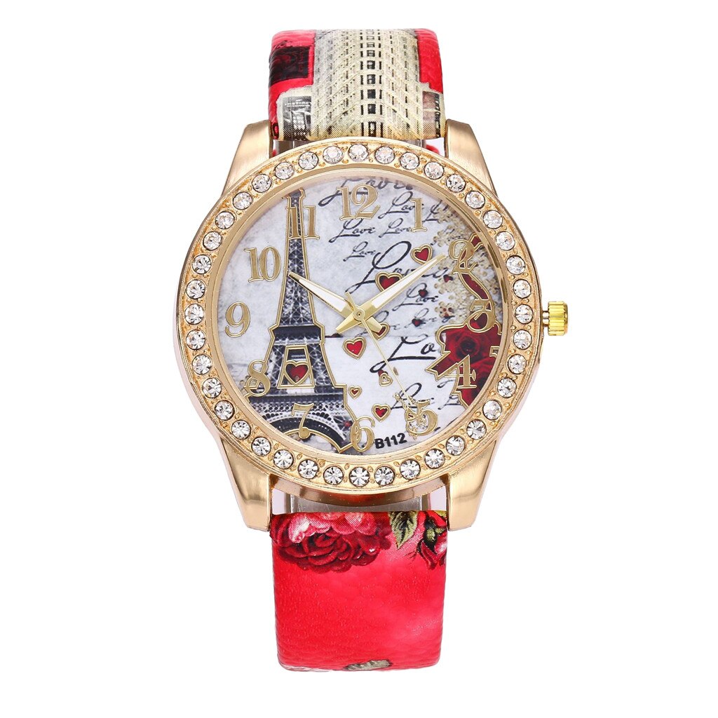 JewelryWe Horloges dames leer strass: roze boze oog glitter diamant analoog kwarts polshorloge vrouwen Boheems casual horloge met bling oog Romeinse cijfers wijzerplaat en lederen armband