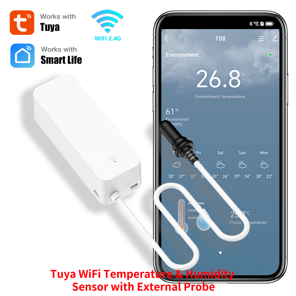 Sensor de temperatura y humedad WiFi Tuya con sonda externa para higrómetro doméstico inteligente, monitoreo por aplicación para plantas, acuario, bodega