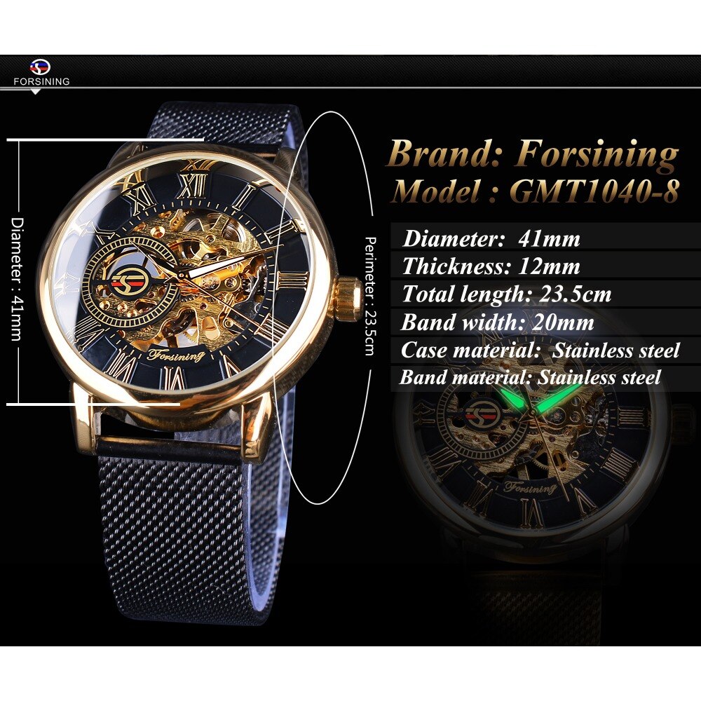 Forsining Classic Retro Luxe 3D Romeinse Aantal Zwarte Mesh Band Transparant Mannen Mechanische Skelet Horloges Top Luxe