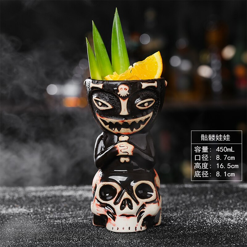 Copa de cóctel TIKI con forma de cráneo, recipiente de cerámica con estatua de Dios del Bar Hollywood, mezclador divertido de bebidas frías, vaso de vino artesanal: Skeleton Doll