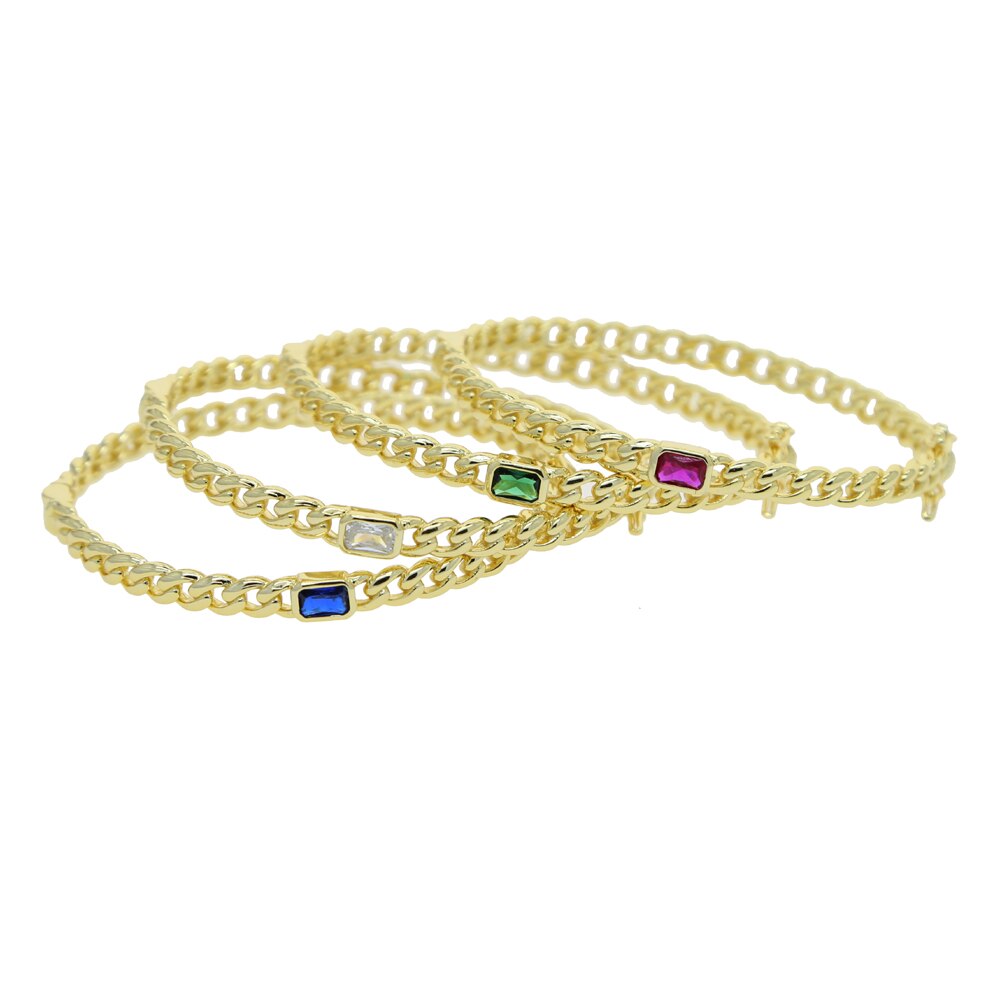 Gold-colored cuban link chain band bangle bracelet with colorful rectangles, czech-style european women's jewelry