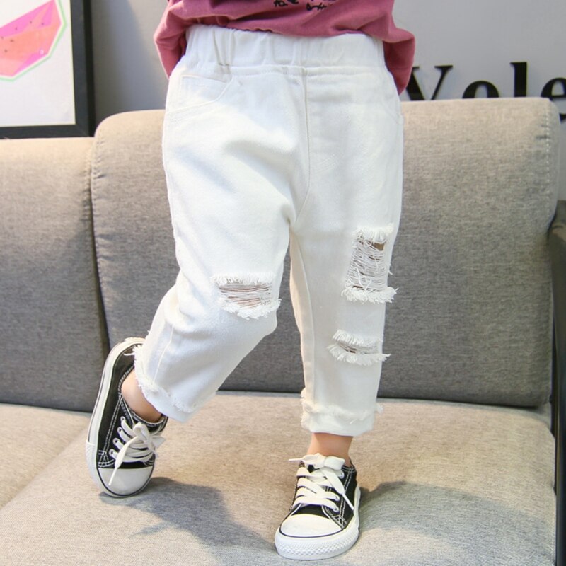 Frühling Herbst Baby Mädchen Zerrissene Jeans freundlicher Schlauch freundlicher Gebrochen See Hosen Weiß Farbe Mädchen Elastische Taille Denim Hosen
