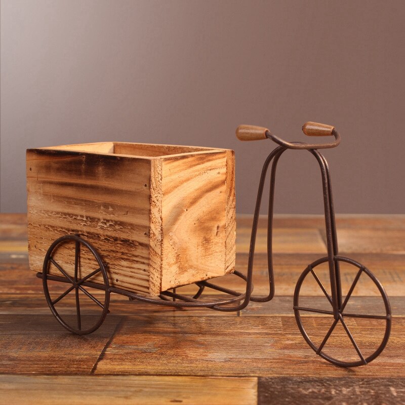 Triciclo de madera modelo maceta de hierro forjado bicicleta flor soporte interior almacenamiento estante hogar jardín escritorio decoración artesanías