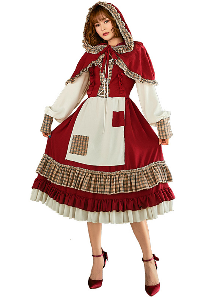 IOOTIANY Lace Patch Lolita Little Red Riding Hood Long Dress Cosplay Costume Suit With Cape for Girls Woman Party Costumes 2024: M