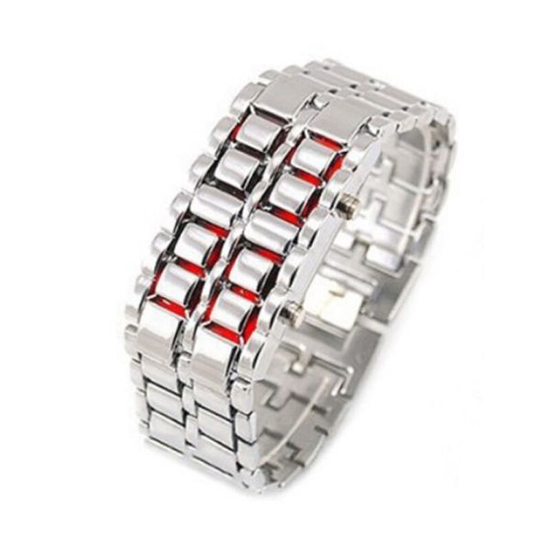 Mode LED Elektronische Horloge Roestvrij Stalen Armband Horloge Mannen Lava Iron Samurai Metal Faceless Digitale Horloges 752: Silver Red