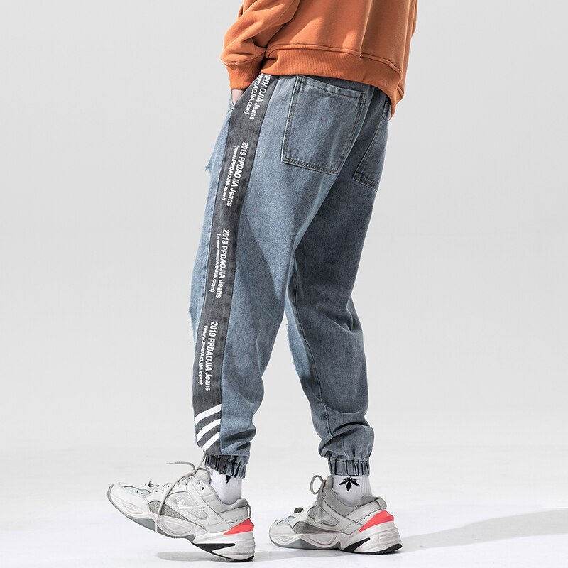 Herre ripped jeans bukser smukt tryk patchwork stribe huller punk streetwear jeans mænd denim bukser plus str. 5xl