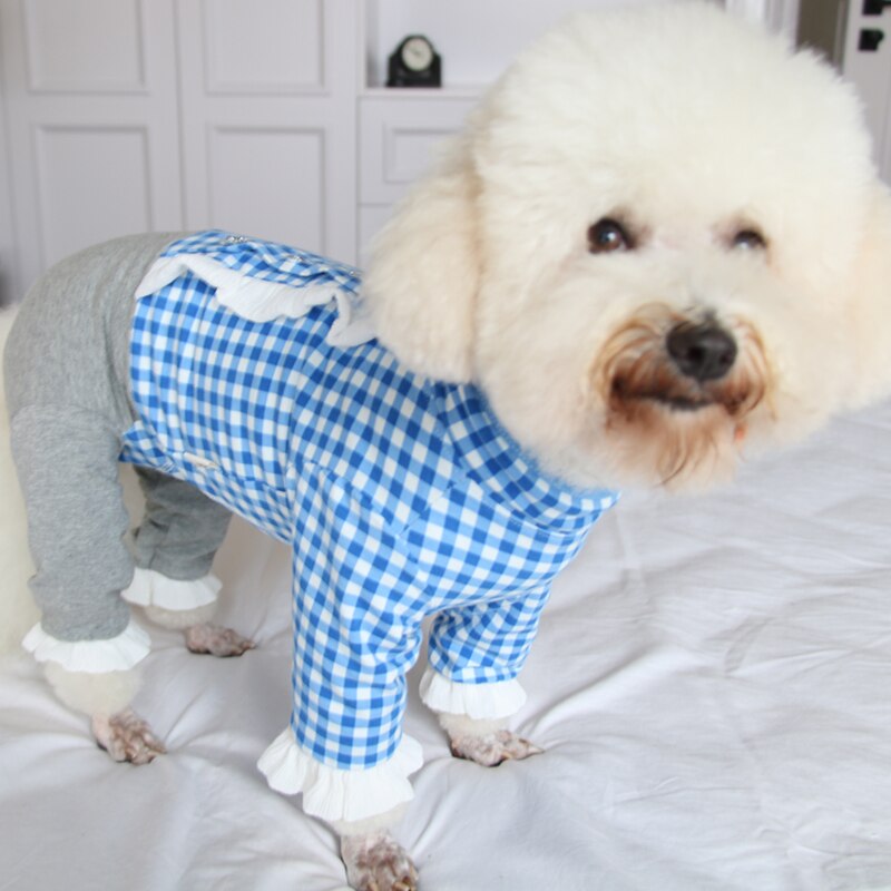 Mono fino de algodón puro para perro, ropa para cachorro, mono a cuadros azules, pijamas para proteger el vientre, para perros pequeños, Chihuahua, caniche