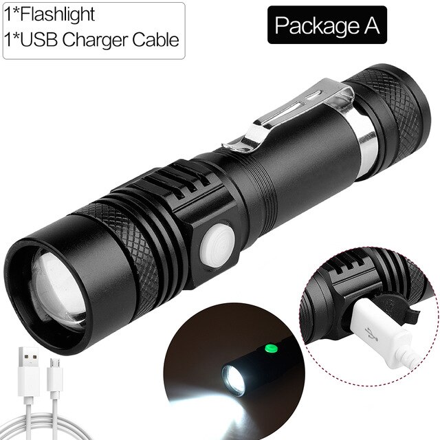 Super Bright XHP90 USB Rechargeable LED Flashlight Powerful Torch Waterproof XHP70 Light Use 18650 or 26650 Battery: Package A