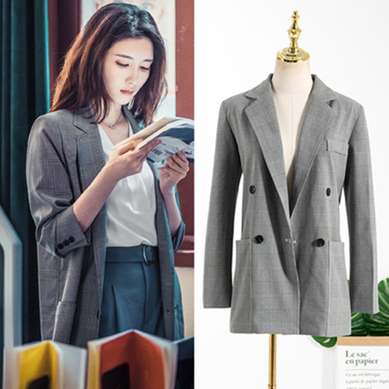 Moderigtigt kontorarbejder grå plaid dragt frakke koreansk stil dragt frakke