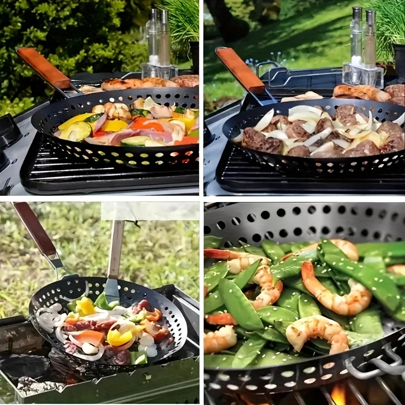 Grillkurv - rund perforert grillpanne med sammenleggbart håndtak for camping, piknik, grilling, sammenleggbar utendørs grilling og baking