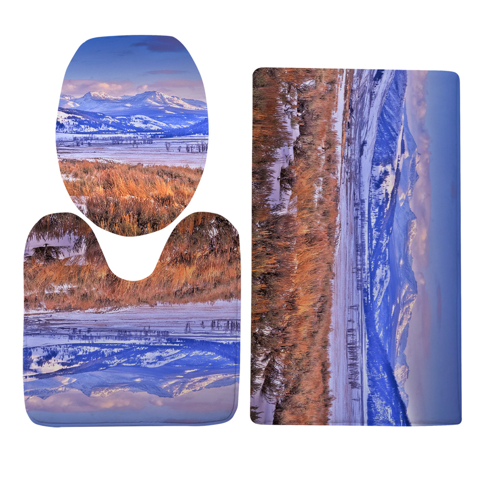 Cloocl Wc Cover Set Yellowstone Park Natuurlijke Landschap 3D Flanel Drie Stuk Wc U-Vormige Tapijt Absorberende tapijt
