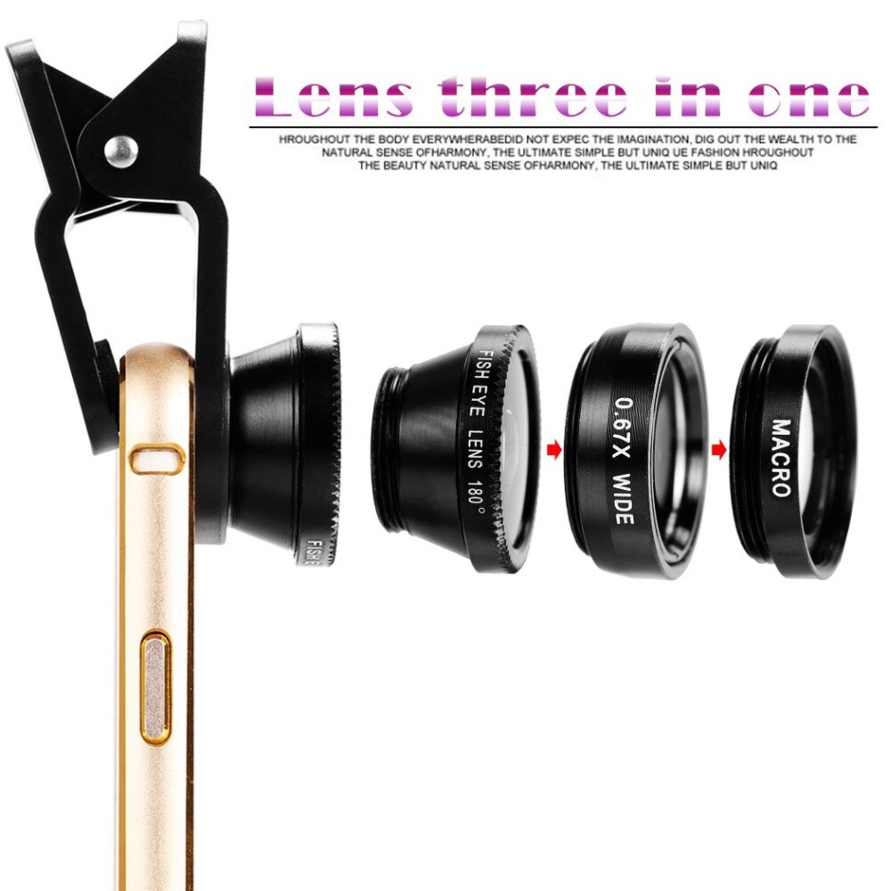 Ascromy 3-in-1 Phone Camera Lenses Wide Angle Macro Fish Eye Lentes For iPhone 6 7 8 X XR Samsung Smartphone lens on the phone