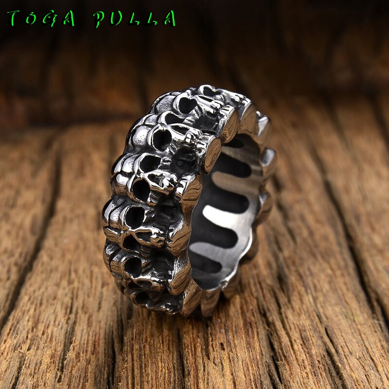 Vintage Solid 316L Rvs Skull Biker Ring Mannen Pave Skelet Ronde Bands Punk Ringen Mannelijke Gothic Sieraden