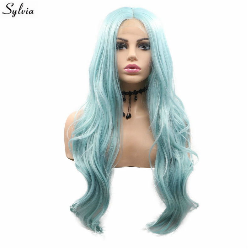 Sylvia Body Wave Pastel Blue Wig Heat Resistant Synthetic Hair U-Lace Front Wigs For White Women Mixed Color Drag Queen Makeup