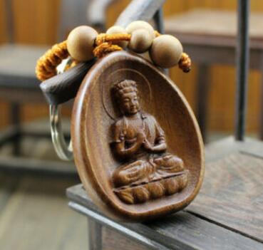 Træskåret kinesisk dari kwan yin buddha statue vedhæng nøglering