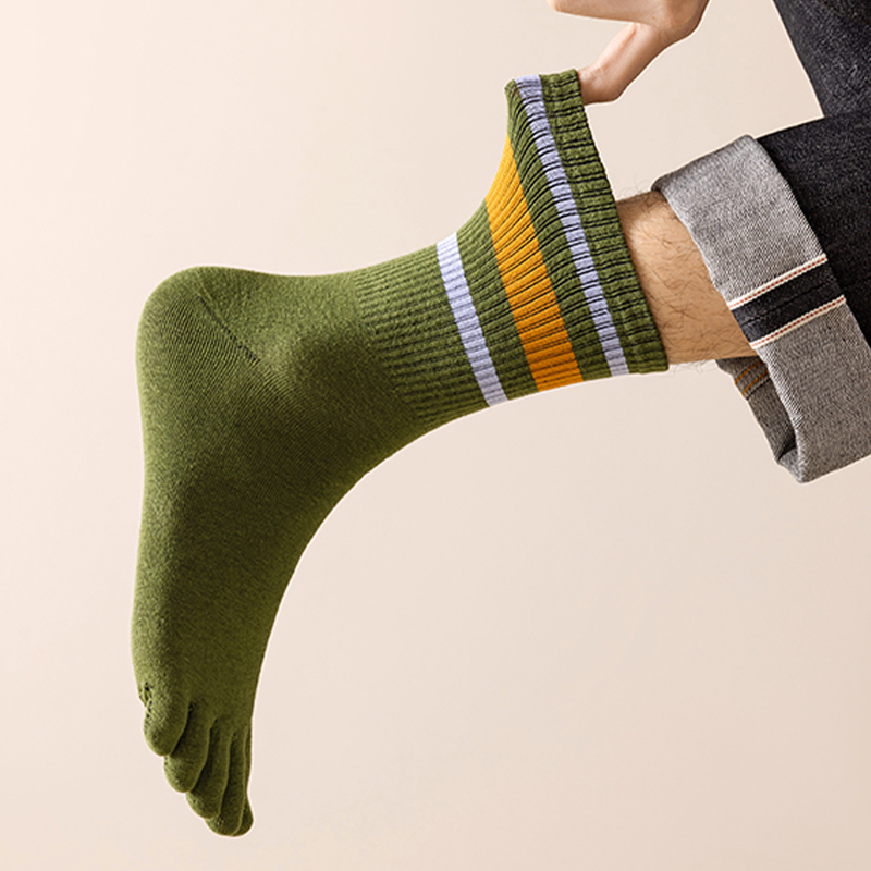 Calcetines de cinco dedos para hombre, calcetín medio informal cómodo de algodón antiolor con cinco dedos de corte bajo a rayas, calcetines deportivos de