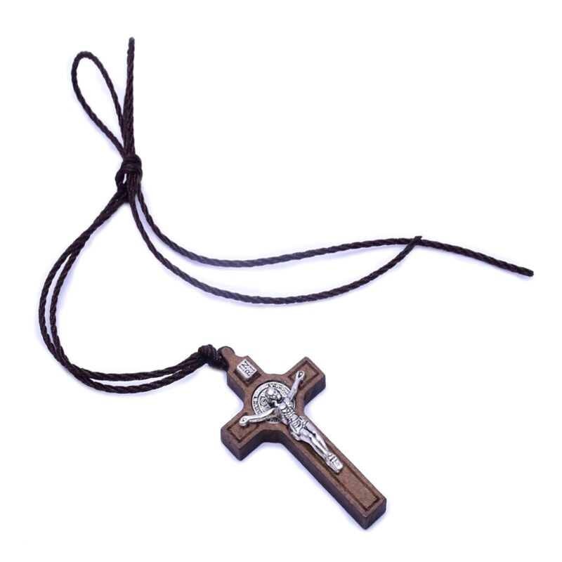 Jesus kors halsband trä metall hänge smycken män kvinnor katolska religiösa