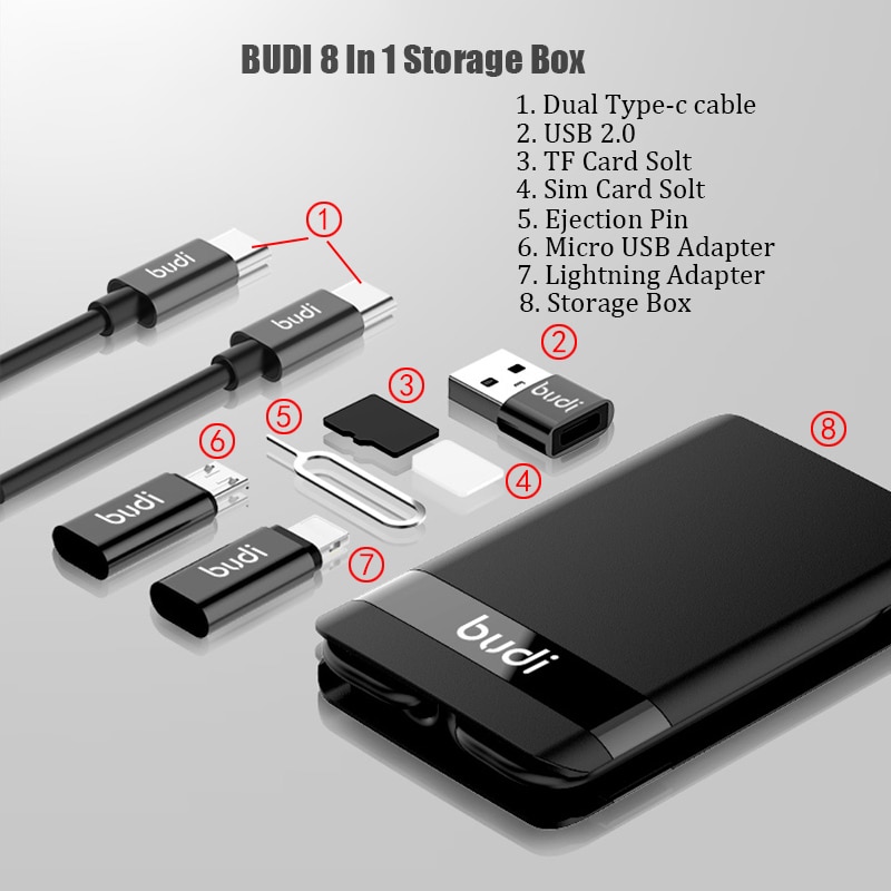 8 en 1 type-c à Micro USB câble adaptateur boîte de rangement pour iPhone foudre TF carte Sim éjection broche téléphone portable Samsung BUDI