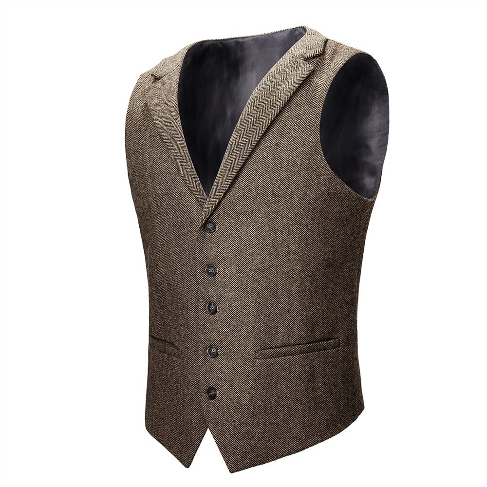 VOBOOM Wool Blend Tweed Herringbone Vest Coat Men Khaki Single-Breasted Notched Lapel Waistcoat 018