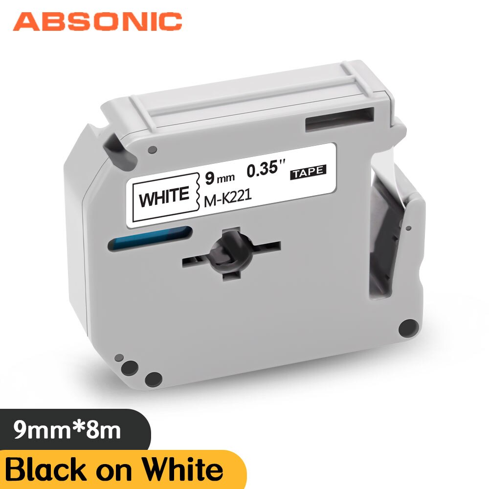 Absonic 8 Color 9mm Label Tape MK-121 MK-221 MK-421 MK-521 MK-621 Printer Ribbon Black on White For Brother Ptouch PT-80 Label M: Black on White / 9mm