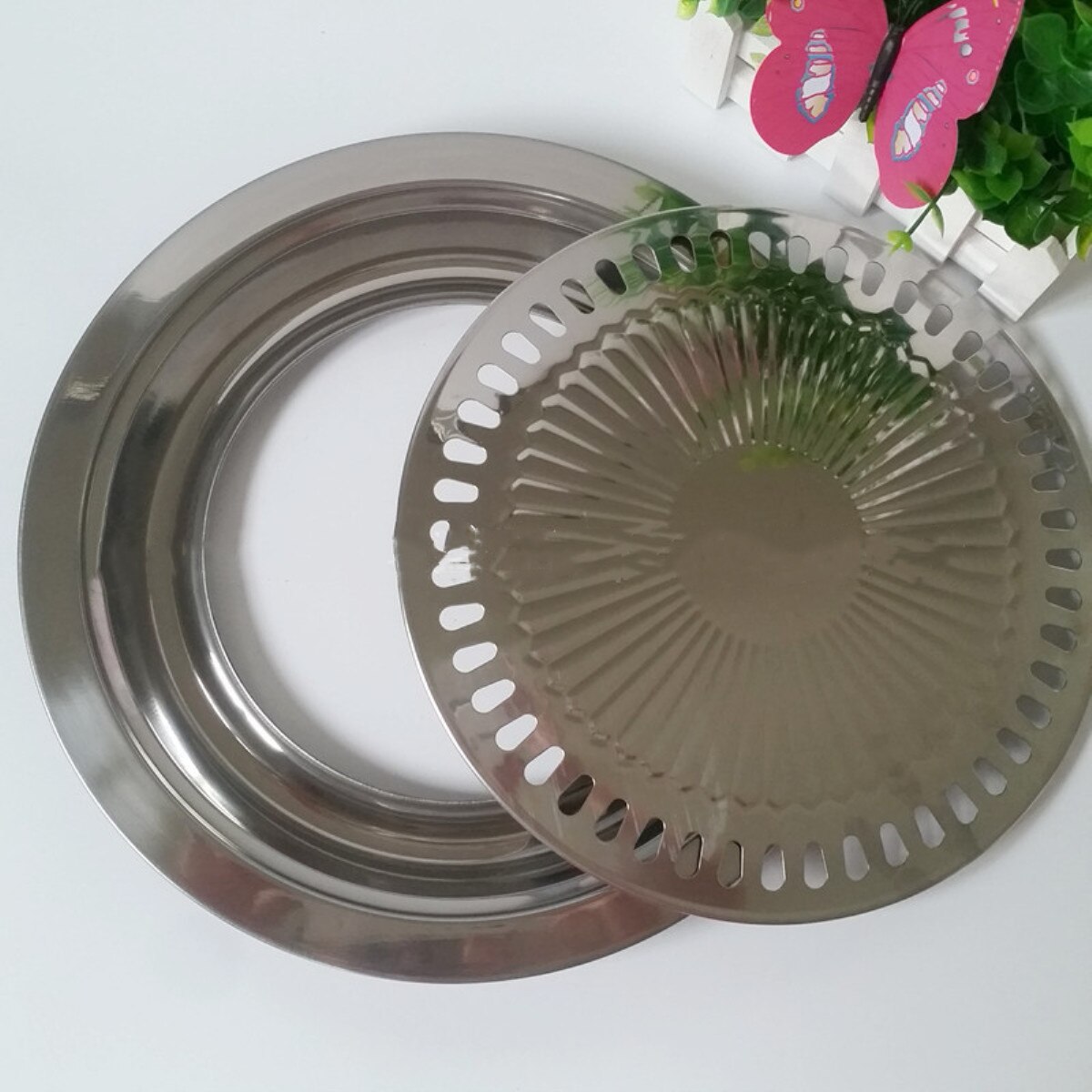 1Pc Barbecue Ronde Plaat Koreaanse Bbq Grill Ijzeren Plaat Geen Verbrande Vet Huishouden Outdoor Picknick Rookloze Barbecue Grill Pan bbq Gereedschap