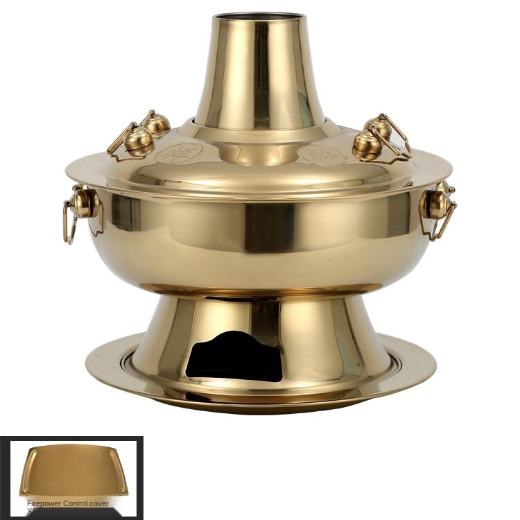 Olla de cobre grueso de 30cm tradicional de Pekín, olla para sopa, quemar carbón, juego de ollas de cocina, olla para ebullición rápida: gold