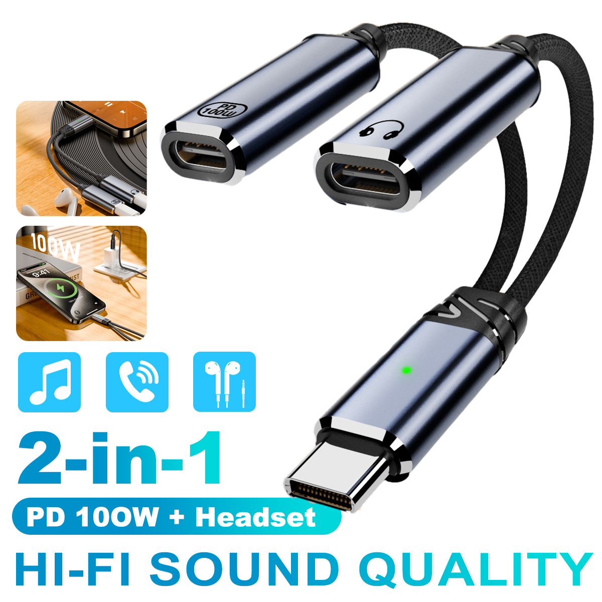 USB C hoofdtelefoon- en opladeradapter 2-in-1 USB C naar 3,5 mm Aux-audio-aansluiting met PD 100 W snellaadkabel Snoer voor iPhone