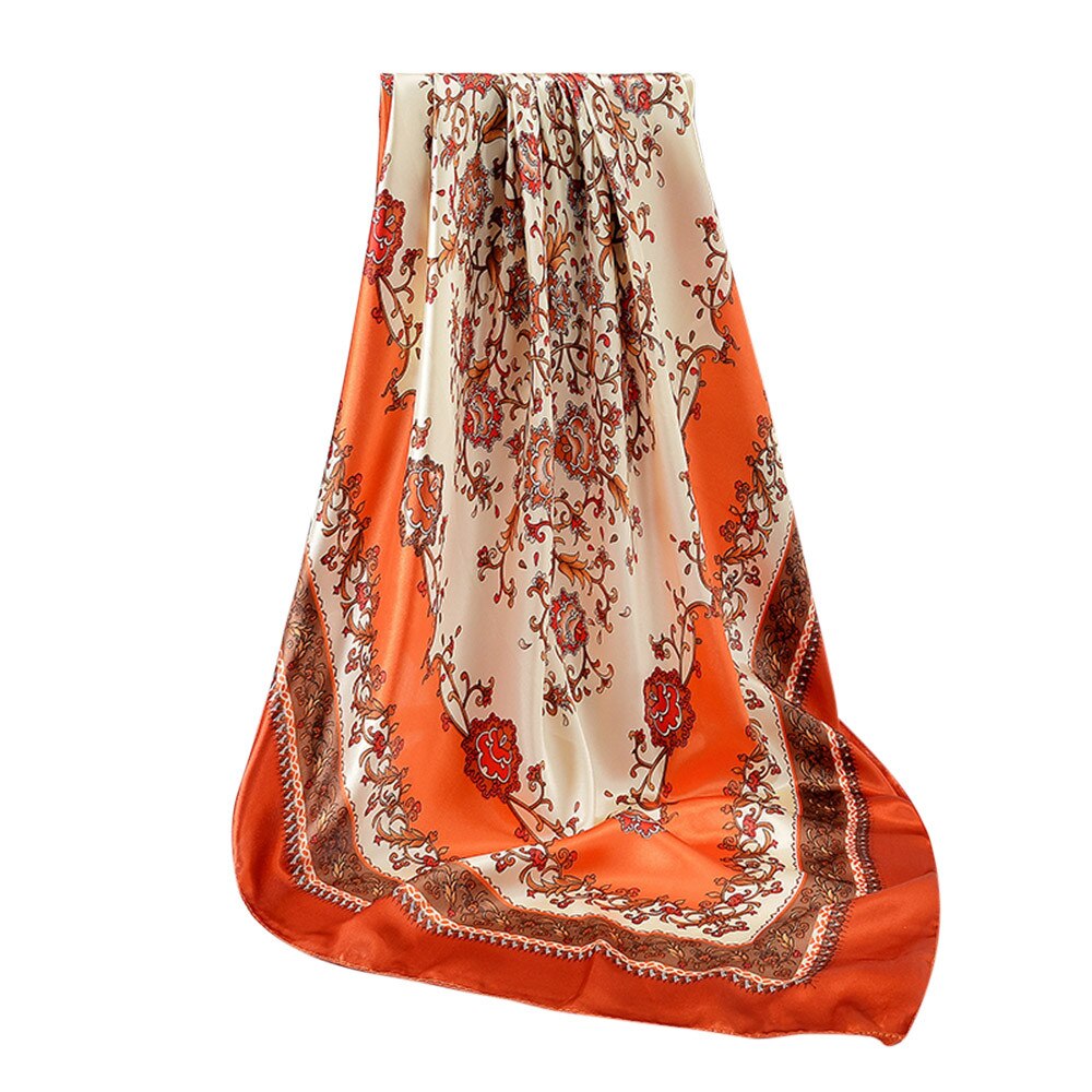 Silk Scarf Women Printing Square Scarf Soft Satin Shawl Female Retro Neck Scarves Kerchief 90X90CM Headscarf: Orange