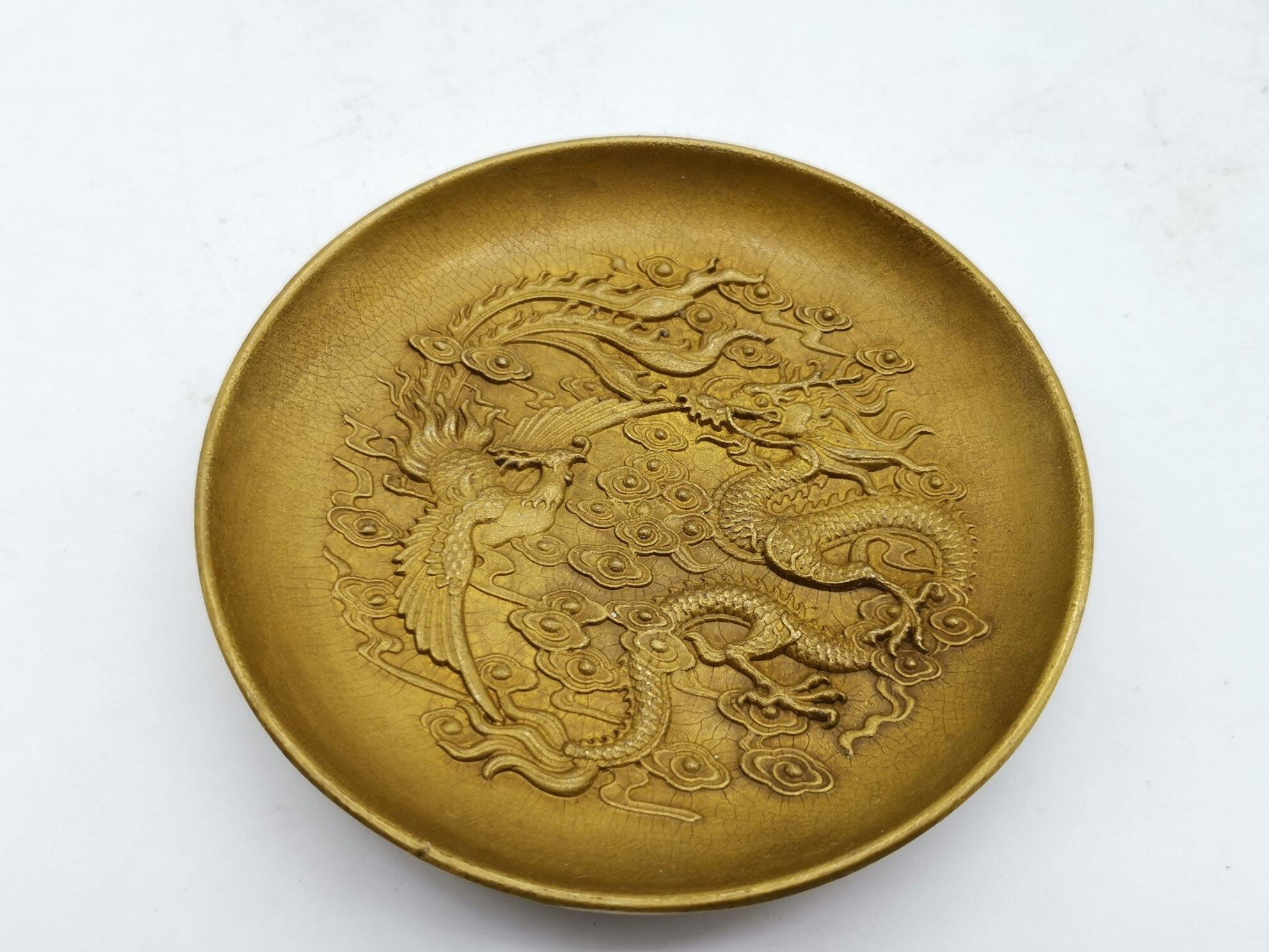 Copper Carved Chinese God and Chinese Dragon and Phoenix Lucky Small Plate