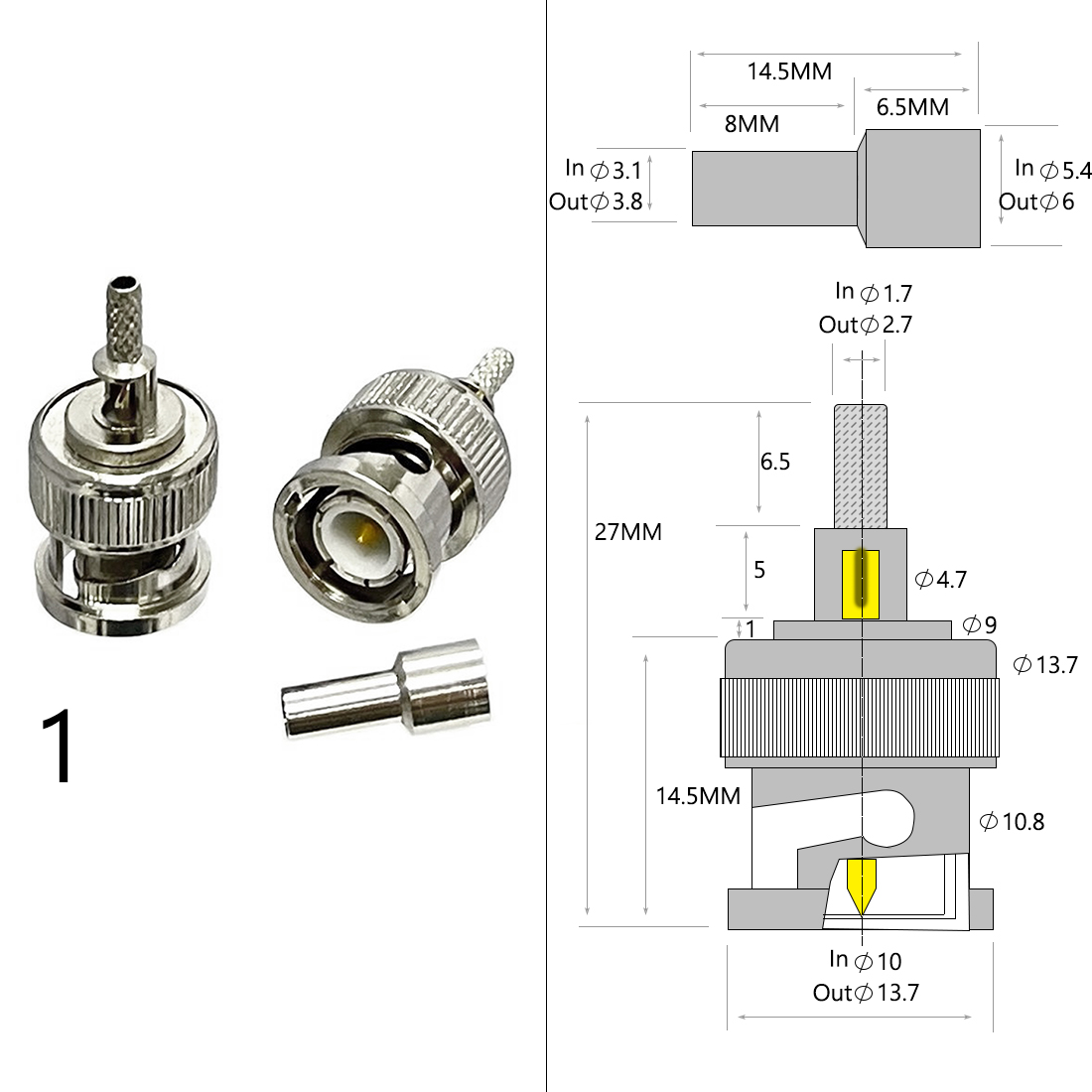 1-4PC BNC Male Female Plug Jack RF Coax Connector Crimp for RG316 RG174 RG58 RG142 Cable Copper Nickelplated With Drawing: army green / 5-9Pcs