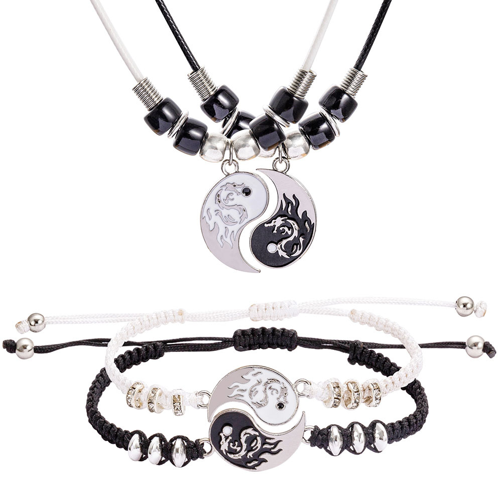 2/4 Uds Tai Chi Yin Yang pareja pulseras collares conjunto colgante pulsera de cadena trenzada ajustable pulseras de amante a juego gargantilla: Color acero