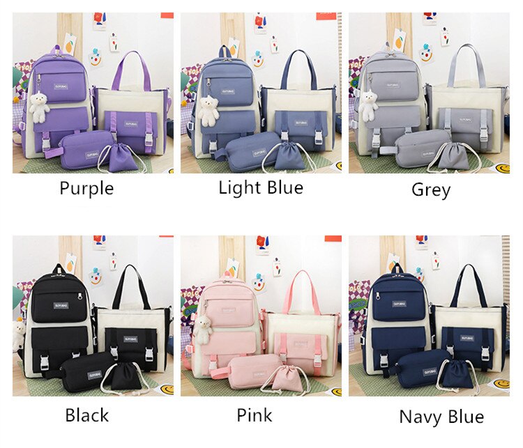 Fengdong 5 Stks/set Student Schooltas Zwart Wit Mode School Rugzak Voor Tienermeisjes Handtas Schoudertas Potlood Tas Set