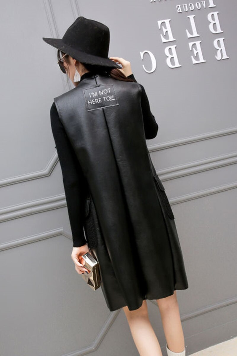 Chaleco largo negro para mujer, chaqueta sin mangas de PU sólido, prendas de vestir informales, primavera y otoño