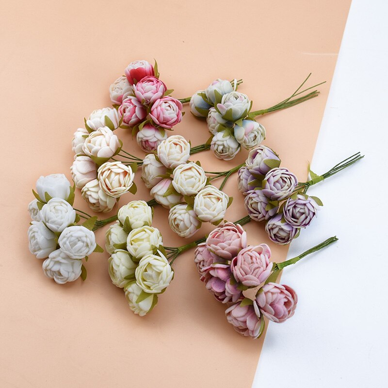 6 stk silke te knopper roser vaser til hjemmeinnredning julekrans gjør-det-selv-boks bryllup dekorative blomster kunstige blomster billig