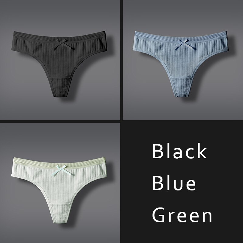 DULASI Sexy Panties Women's Cotton G-String Thong String Underwear Briefs Intimate Ladies Low-Rise Lingerie Recommend 3 pcs: Black Green Blue / L