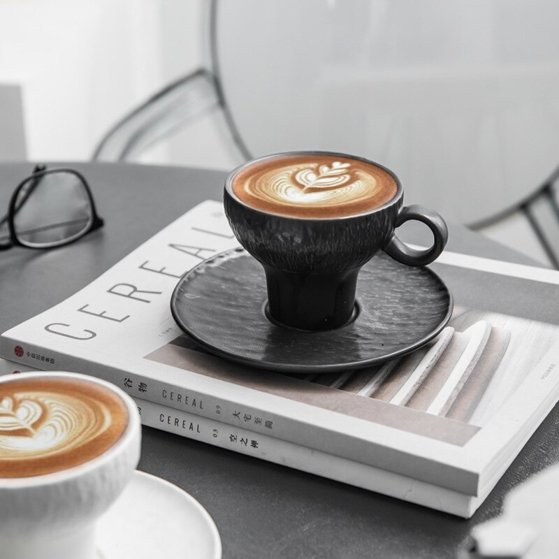 Matte Black Coffee Cup Set Porcelain Tea Cups with Saucer 200ml Mug