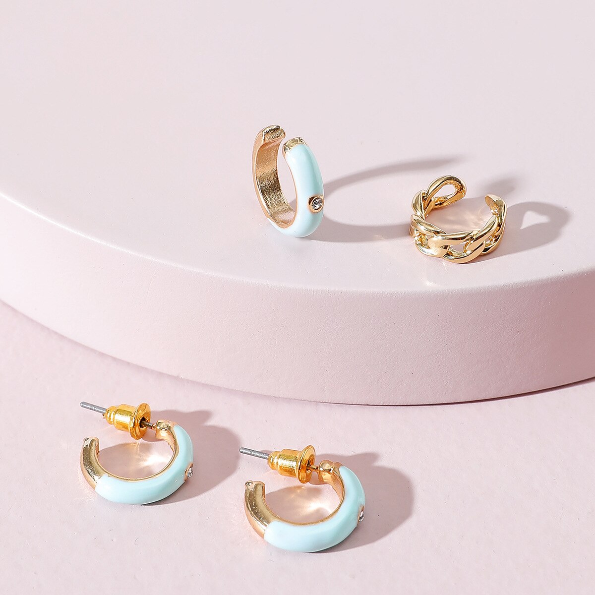 4 pçs nova cor esmalte minúsculos brincos de argola para mulher cz orelha piercing huggie com corrente dourada ouvido manguito conjunto moda jóias presente