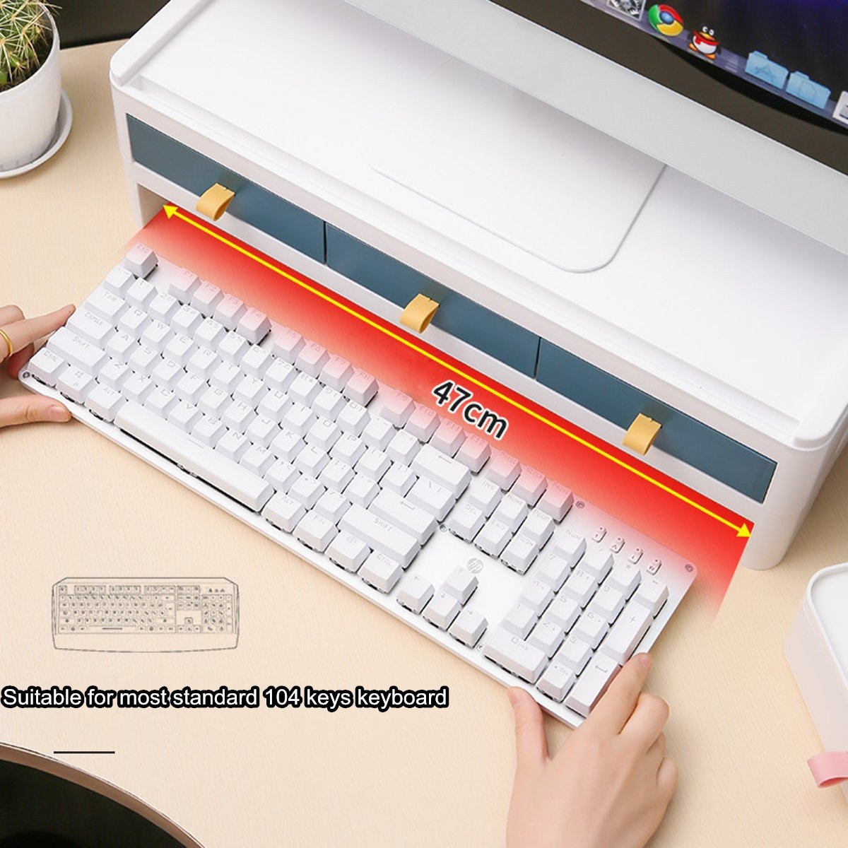 2Tiers Monitor Riser Stand Desk Shelf with Drawer Keyboard Storage Stylish White Pen-Books Stationery