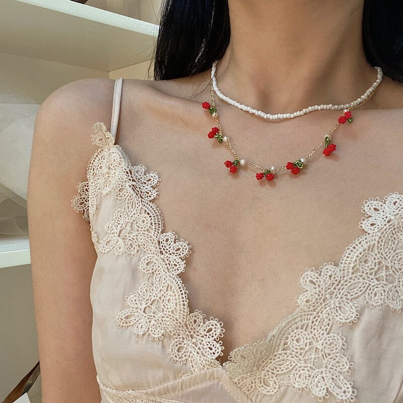 Kpop sød perlehalskæde beaded retro stil kirsebær vedhæng pige erklæring chocker halskæde kvinder smykker